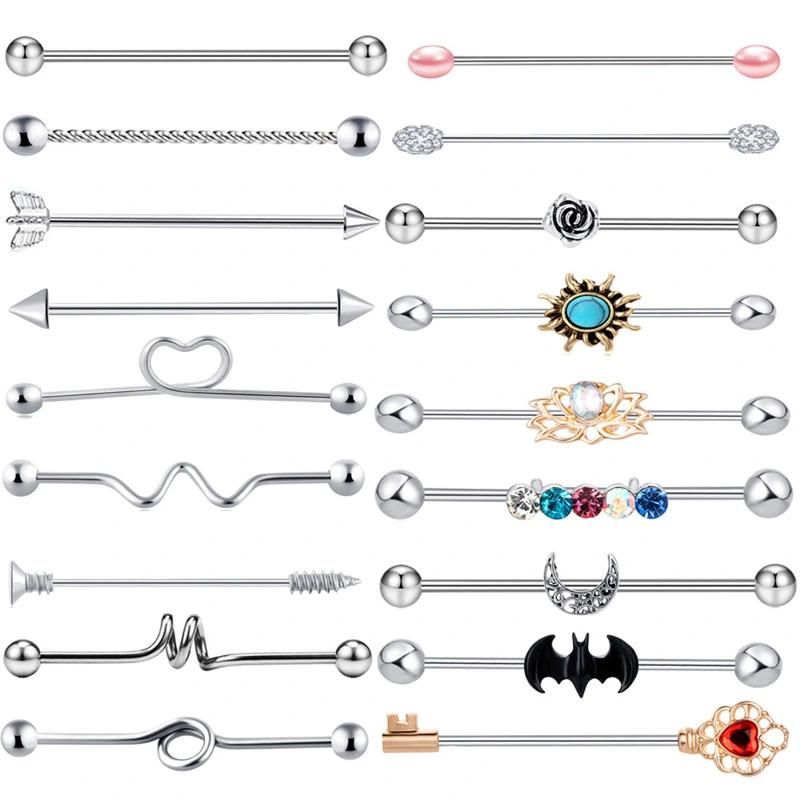 18PCS 14G Industrial Barbell Earrings Cartilage Stainless Steel 38mm Industrial Piercing Bar Body Piercing Jewelry