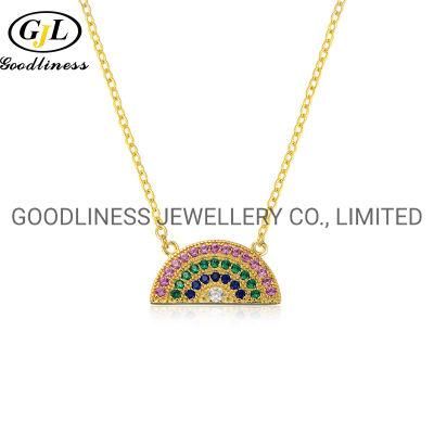 Fashion Gemstone Bitthstone Women Gold CZ Rainbow Pendant Rhinestone Necklace