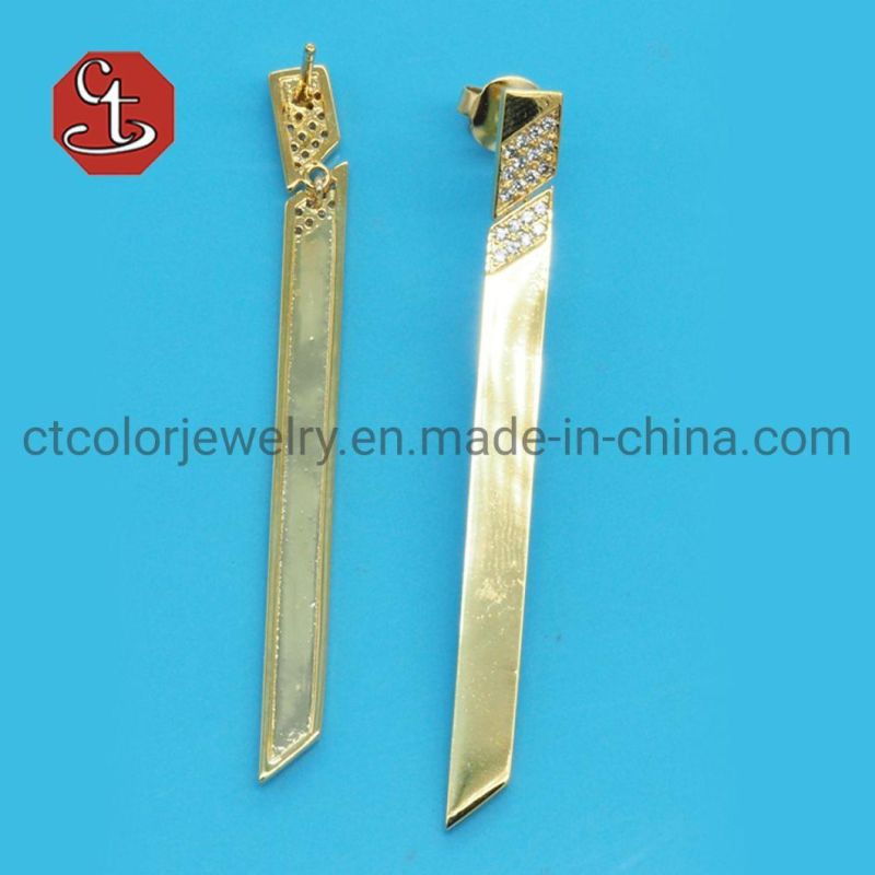 Women Popular Baguette Stud Hot Sale CZ Plain Knife sharp Dangle Earring Brass & Silver Jewelry