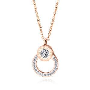 Gold Plated Stainless Steel Diamond Double Ring Roman Numeral Necklace