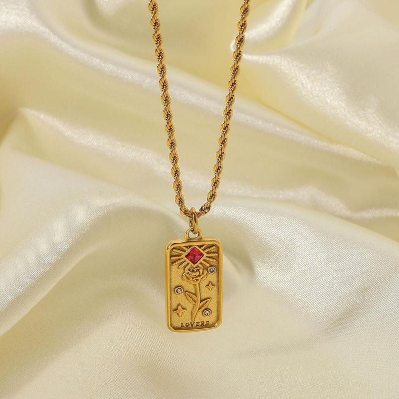 Factory Customized Fashion Rose Moon Carved Gold-Plated Stainless Steel Rectangular Pendant Simple Necklace Jewelry