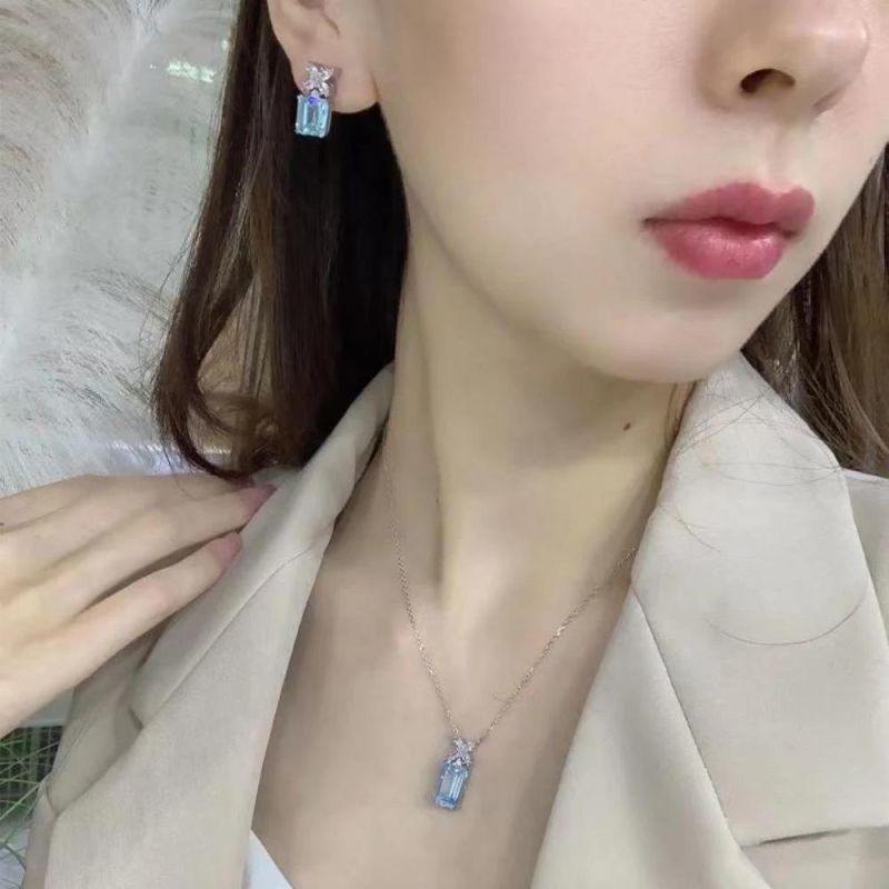 New Arrival Elegant 925 Silver Jewelry 8*12 Aquamarine Gemstone Diamond Pendant Necklace