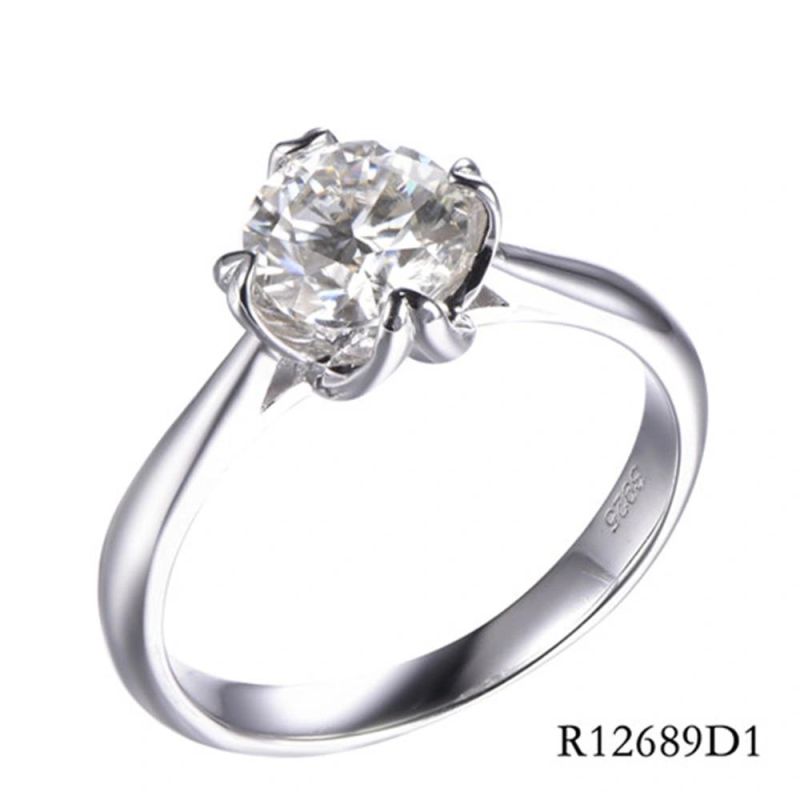 Classical 925 Sterling Silver Clear 1CT 6.5mm Moissanite Main Stone Ring