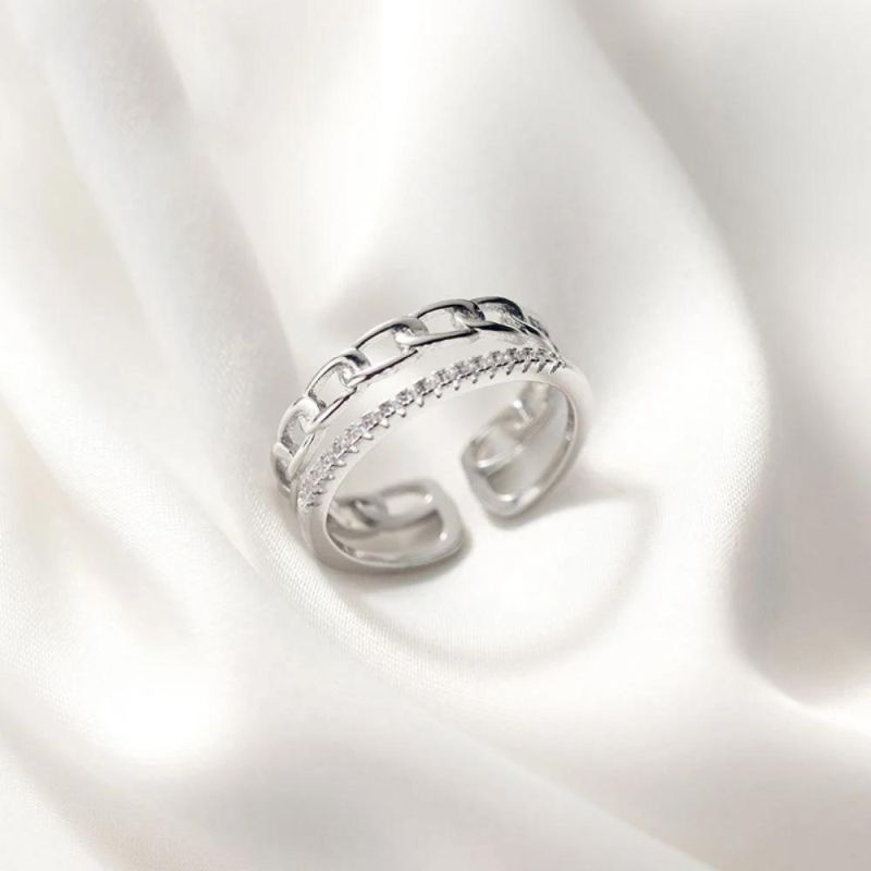 925 Sterling Silver Ring Minimalist Chain Style Multi-Layer Zircon Adjustable Ring Women Wedding Jewelry