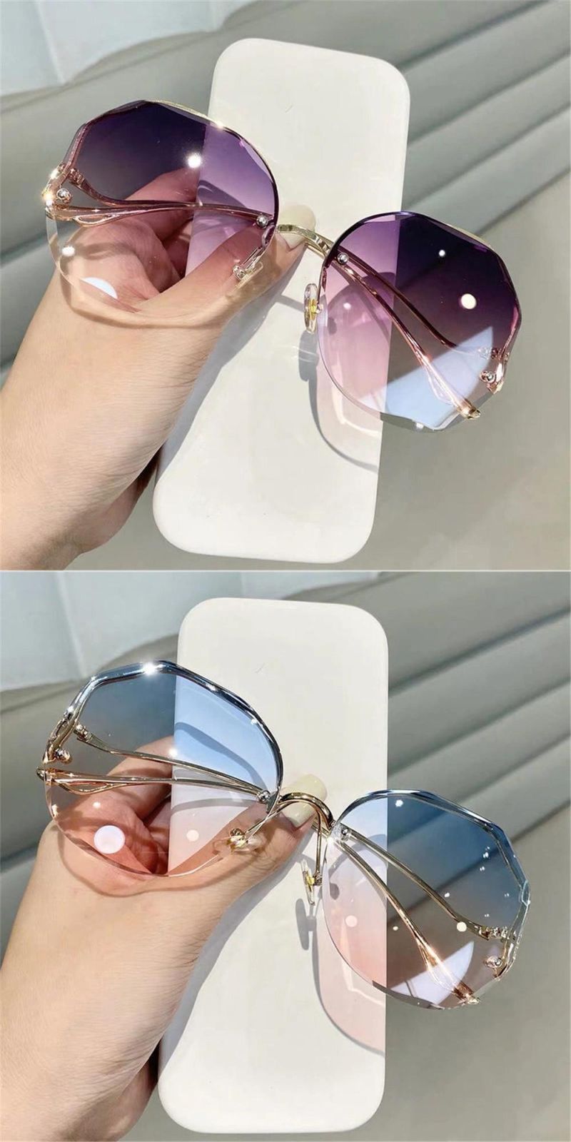 2022 Fashion Tea Gradient Sunglasses Women Ocean Water Cut Trimmed Lens Metal Curved Temples Sun Glasses Female UV400