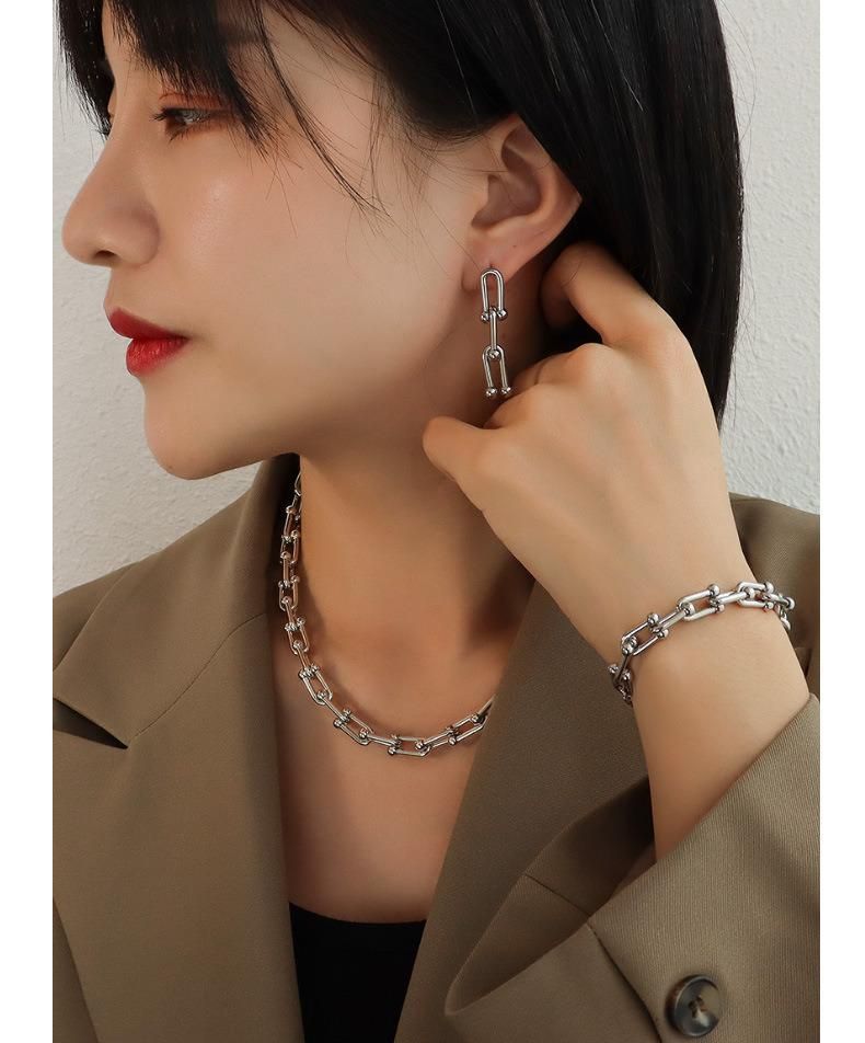 New Design U Shape Jewelry Necklace Bracelet Earrings Stainless Steel Jewelry Set (Steel/Gold/Rosegold color)
