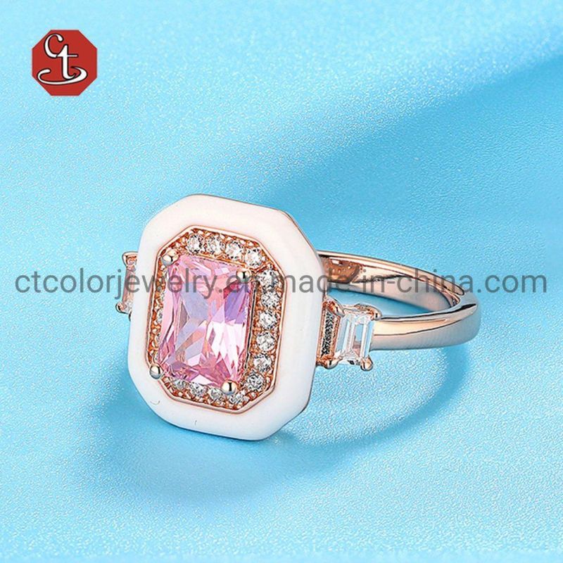 Pink Gemstone CZ Ring White enamel with AAA Cubic Zircon Silver Ring Wholesale Jewelry