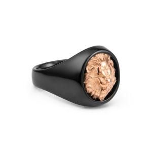 Fashion Mens Jewelry Gold Lion Head Signet Black Stainless Steel Finger Men Ring