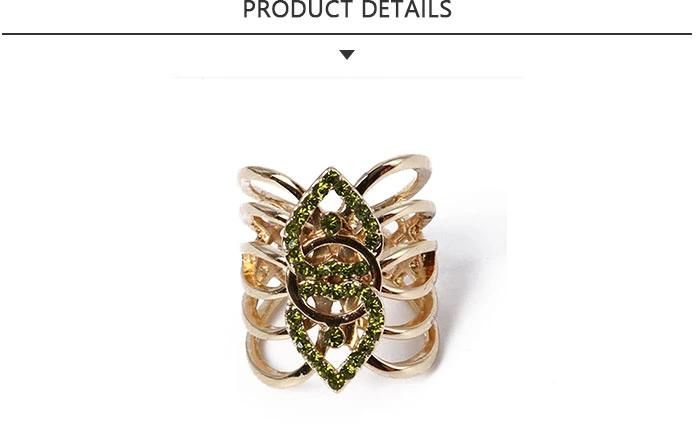 Customized Fashion Jewelry Irregular Glod Ring with Green Rhinestone