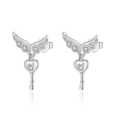 Real 925 Sterling Silver Earring Fashion Angle Wings Key Zircon Stud Earrings for Women Personality Jewelry Gift
