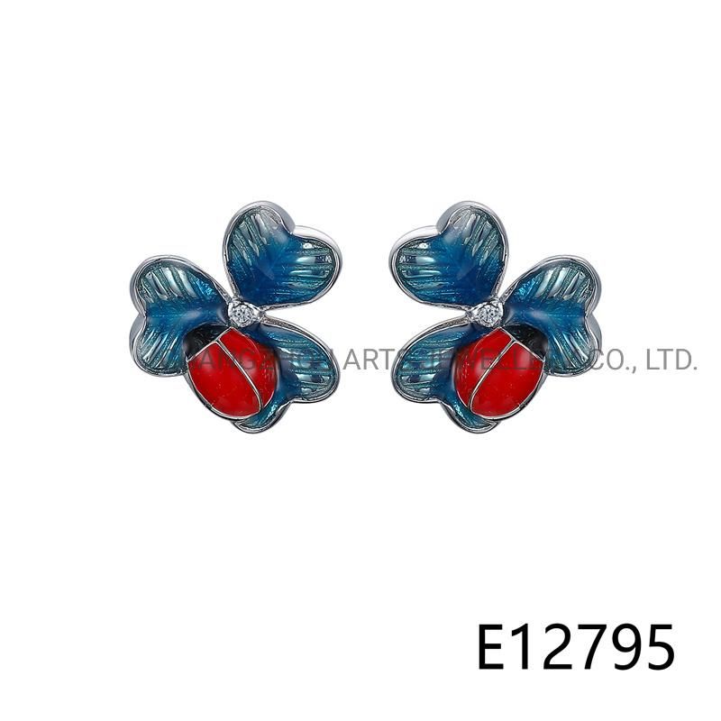 Handmade Enamel Chrysanthemum & Bug 925 Silver Stud Earring