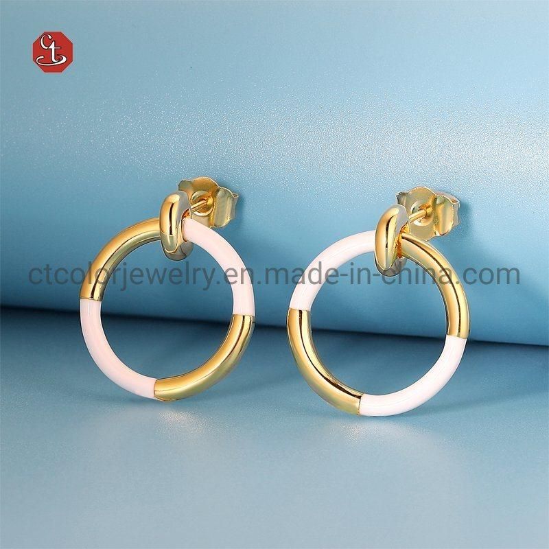 Fashion Jewelry 925 Silver Circle Shape White Enamel Plain 18k Gold Women Earring