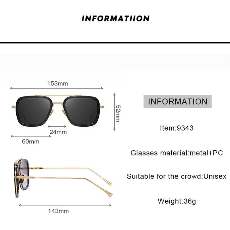 2021 Stylish Unisex Square Metal Frame Golden Double Bridge Pilot Sunglasses PC Lenses Electroplating Process