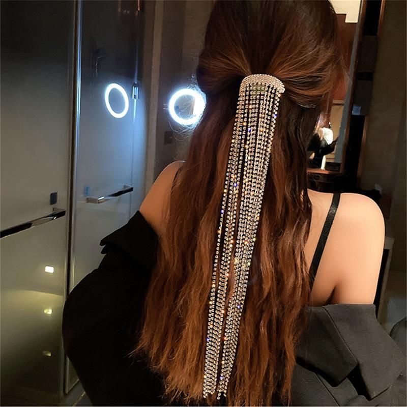 Women Long Tassel Wedding Hair Accessories Banquet Jewelry Full Rhinestone Hairpins