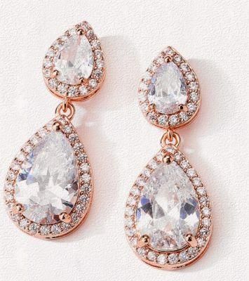 Bridal Big Pear CZ Earring Necklce Jewelry, Wedding Elegant CZ Earring Necklace Jewelry, Rose Gold Earring