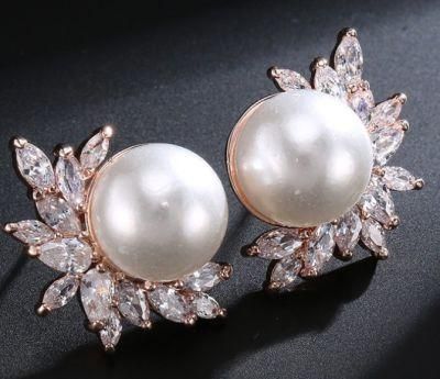 Wedding Pearl CZ Earring Necklace Jewelry, Bridal Pearl CZ Earring, Rose Gold Earring