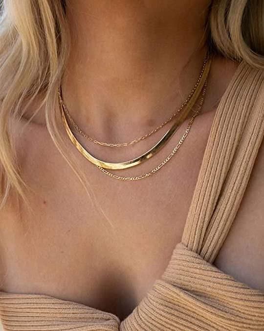 Gold Necklaces for Women Men, 14K Gold Plated Snake Chain Necklace Herringbone Choker Necklaces for Women Men
