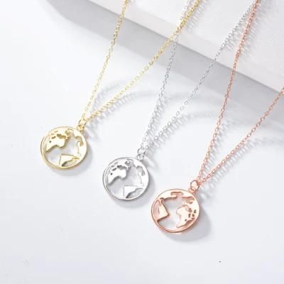 New Design 925 Sterling Silver Gold Plated High Polishing Coin World Map Pendant Necklace