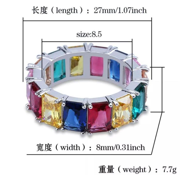 Fashion Jewelry Hot Sale Hip Hop Jewelry Eternity Band Stacking Baguette Cubic Zirconia Brass Ring for Men Women