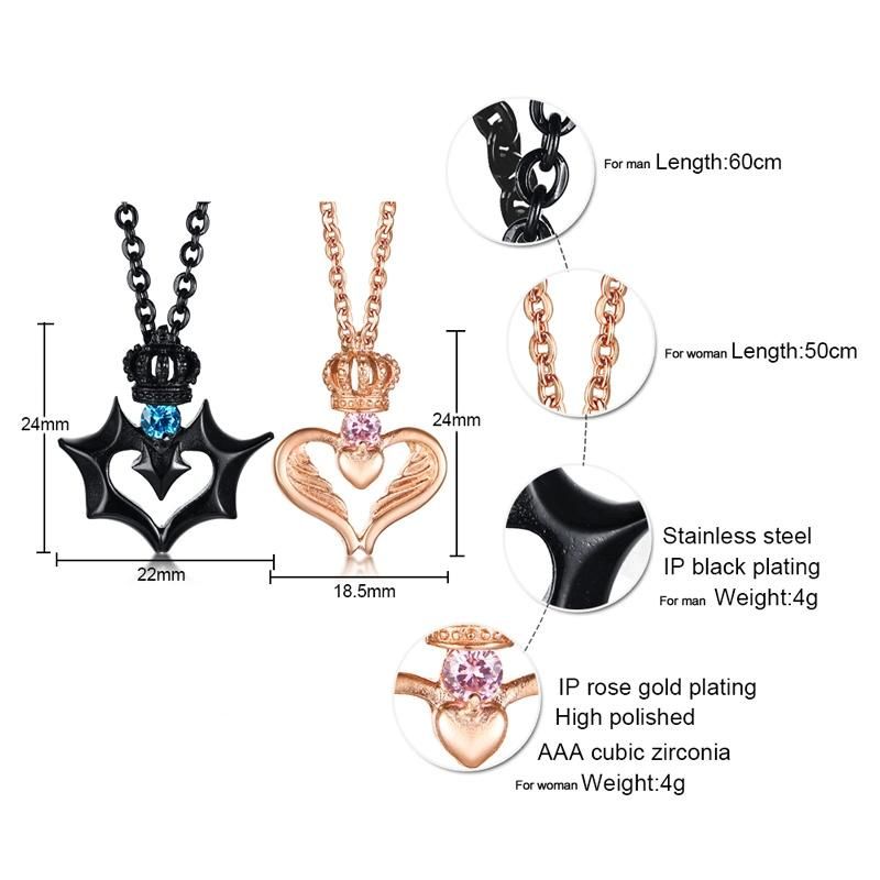 High Quality IP Black or Roes-Gold Heart Queen Crown Pendant with Zircon
