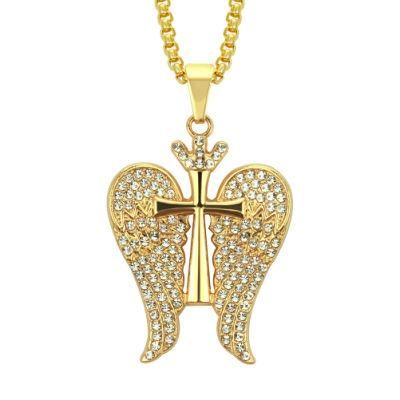 Fashion Mens Gold Angel Wings with Cross Shape Pendant Necklace