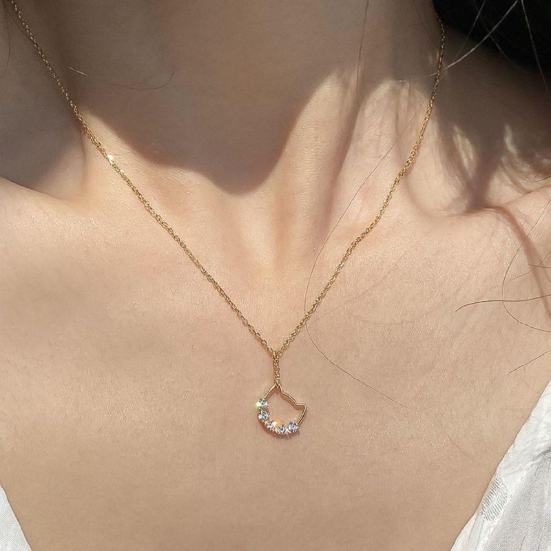 925 Sterling Silver 14K 18K Gold Plated Cute Cat Crystal Pendant Clavicle Chain Necklace Women Fashion Jewelry Gift