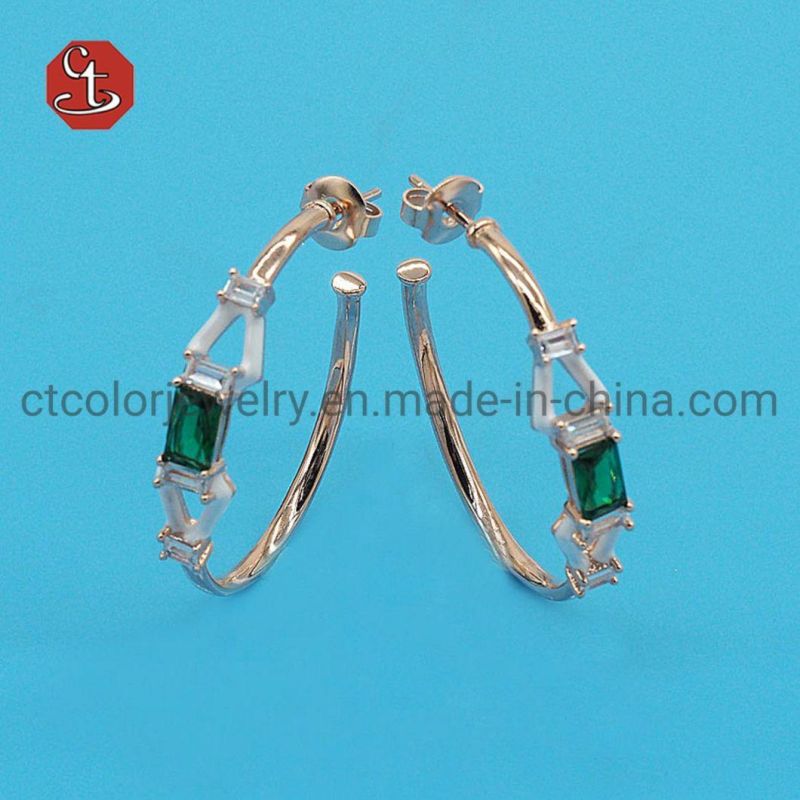 Circle Shape CZ with Green Enamel Earring Rose Gold&Rhodium Earring Sterling 925 Silver Jewelry