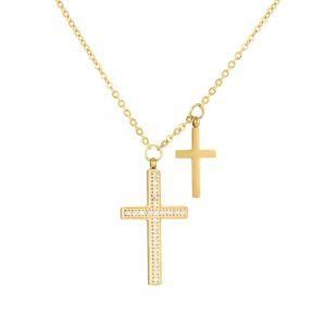 Gold-Plated Stainless Steel Diamond Double Cross Necklace