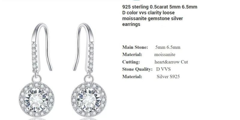 925 Sterling Silver 0.5carat 5mm 6.5mm D Color Vvs Clarity Loose Moissanite Gemstone Silver Earrings