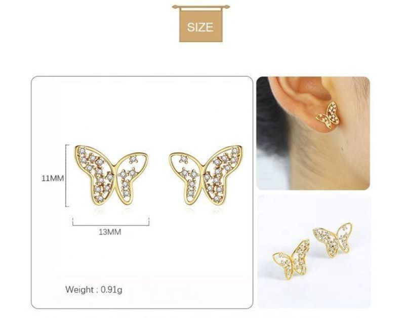 Fashion Jewelry Hollow Butterfly with Zircon Stud Earrings Real 925 Sterling Silver Earrings for Women