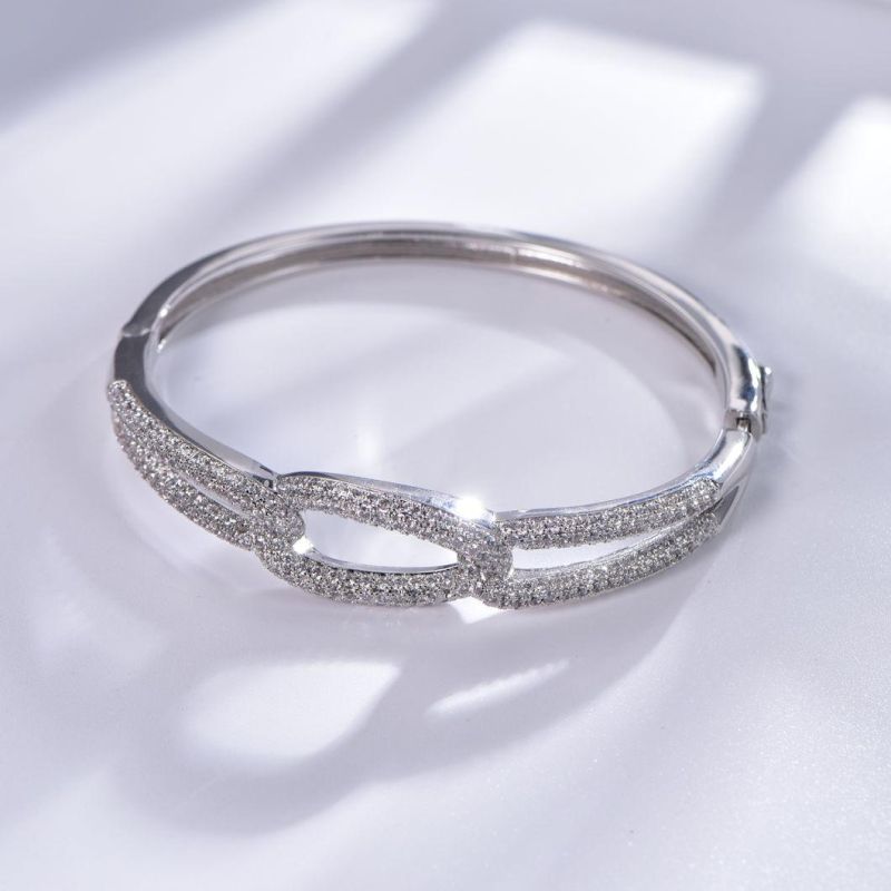 Elegant Brass 925 Sterling Silver White Gold Plated Rhinestone Cuff Cubic Zircon Paved Infinity Bangle