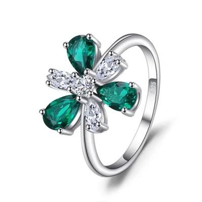 Luxury Pear Shape Flower Statement Ring 925 Sterling Silver Russian Simulated Emerald