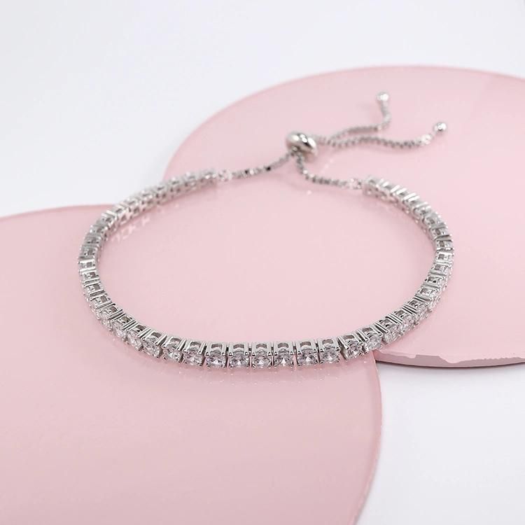 Bling Cubic Zirconia Adjustable Box Chain White Gold Plated Jewelry CZ 925 Sterling Silver 925 3mm Women Tennis Bracelet