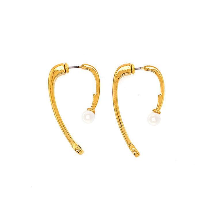 Irregular Geometric Gold Pearl Oval Earrings