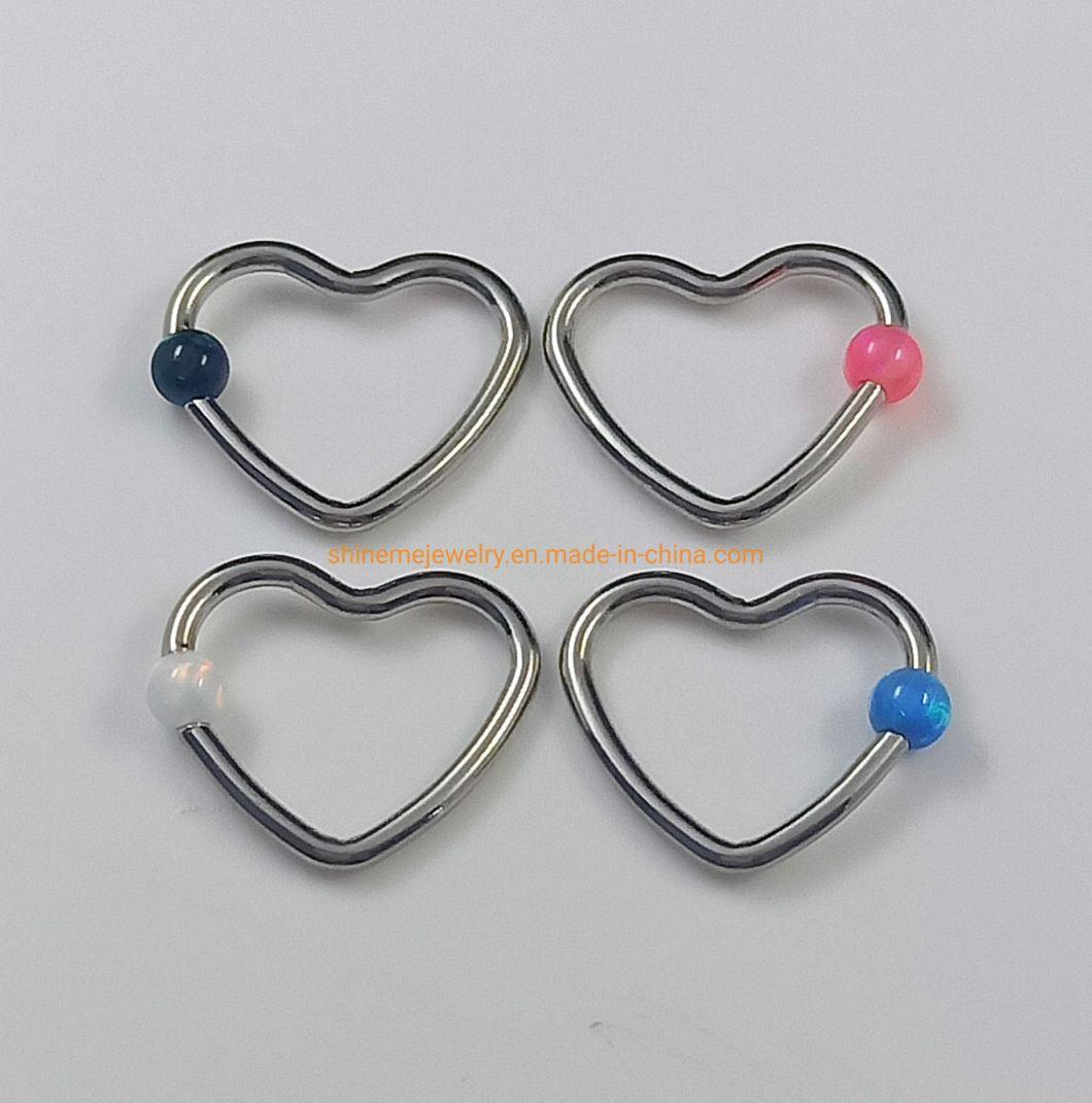 Heart-Shaped Stainless Steel 3mm Opal Ball Closed Ring Nipple Ring Nose Ring Earring Piercing Jewelry Ssp050