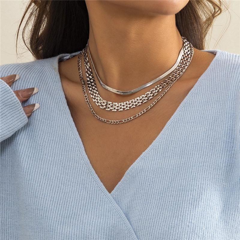 Manufacture New Design 3 Layered Flat Snake Link Wide Chain Choker Necklace for Fashion Women