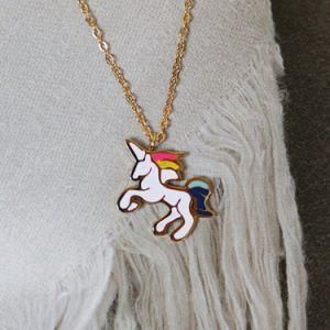 Stainless Steel Jewellery Enamel Rainbow Gold Unicorn Pendant Necklace