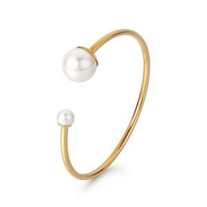 Women Jewelry Open Cuff Stainless Steel Pearl Bangle Bracelet
