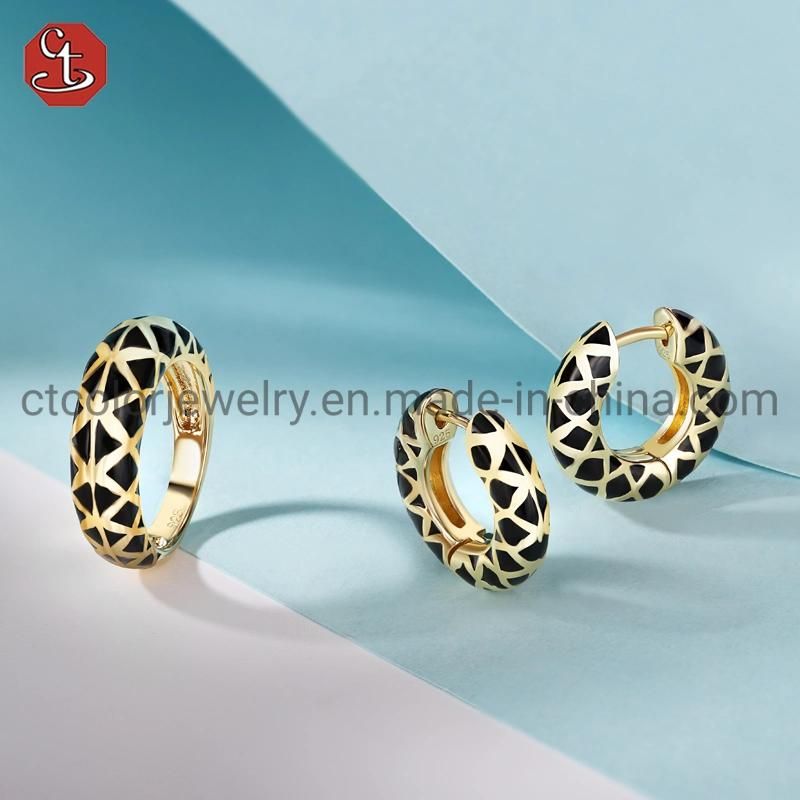 Fashion Black Enamel Silver Brass 18K Gold Plated Fine Jewelry Ring