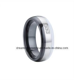 White and Black Ceramic Ring Steel Inlay with White Stone