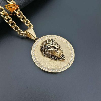 European and American Hip-Hop Hiphop Jewelry Titanium Steel Gold-Plated Diamond Frosted Disc Lion Head Pendant Spt1028