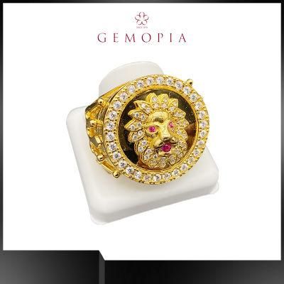 Explosion Hip-Hop Hiphop Gold-Plated Rhinestone Crown Lion Head Ring for Men