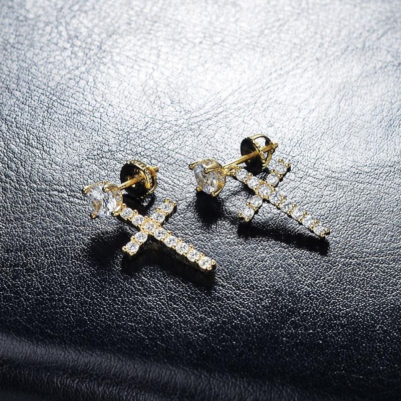 Big Mens 18K Gold Cubic Zirconia Cross Dangle Long Earrings