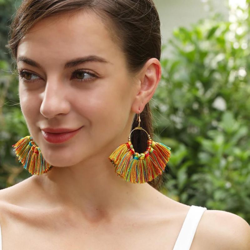 Bohemian Custom Hand-Made Vintage Rainbow Tassel Earrings