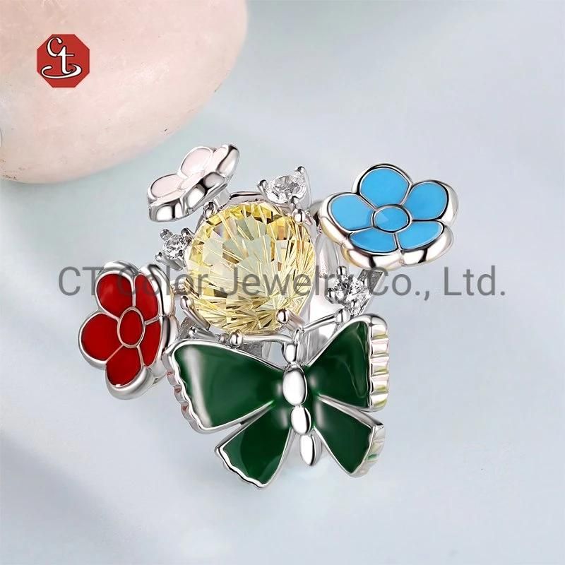 Fashion 925 Silver Jewelry Butterfly Flower Shape Enamel Pale Yellow Glass Stone Ring