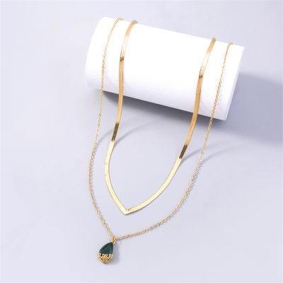 2 Layered New Design Gold Plated Mini V-Shape Flat Snake Chain Choker Necklace and Wrapping Heart Glass Pendant Necklace for Women Girls Lady