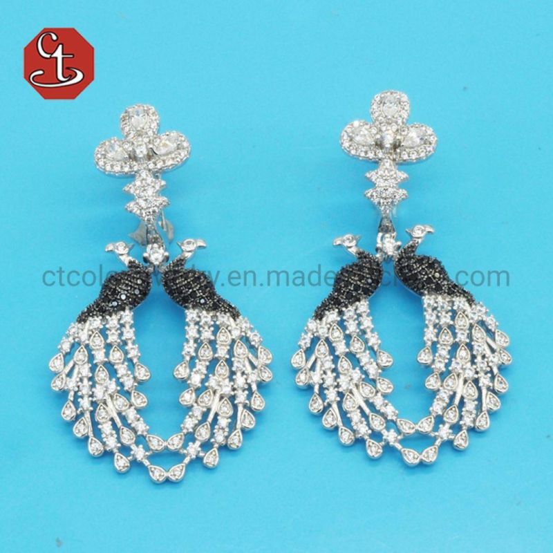 Luxury Peacock Animal Design New Fashion Silver Color Filled CZ Drop Earring