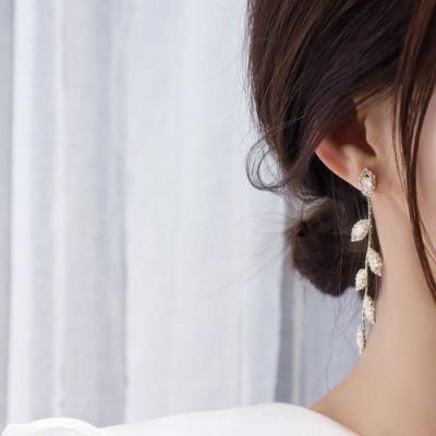 Long Silver Plated Crystal Leaf Tassel Drop Earrings for Women