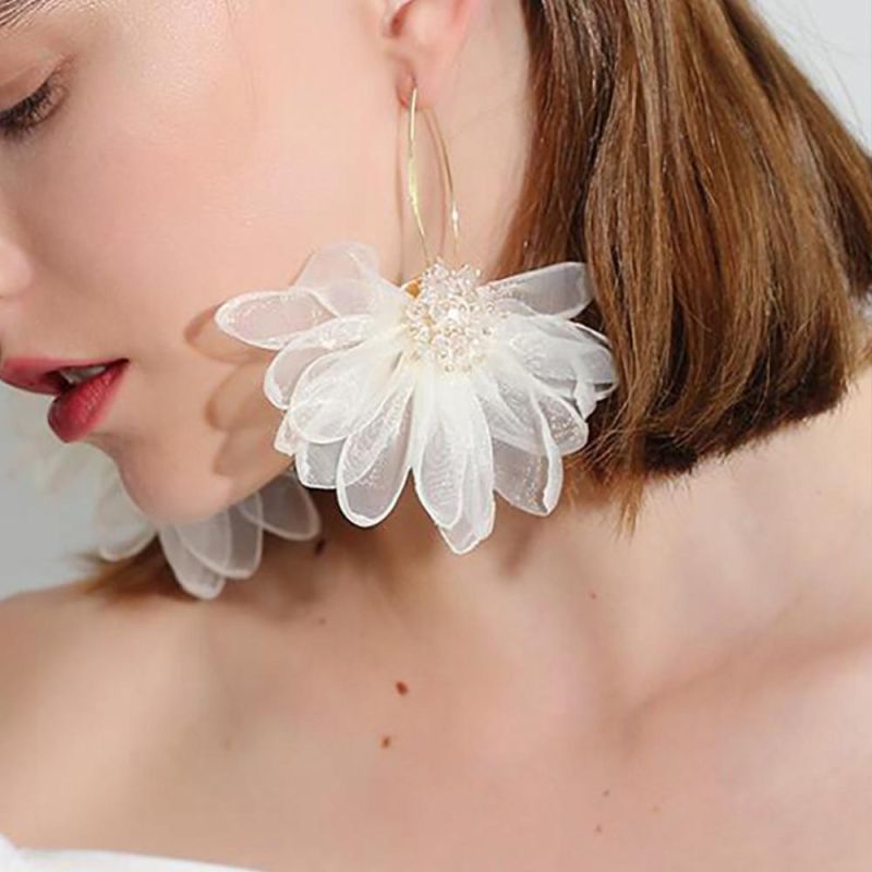 Holiday Wind Fairy Cloth Fabric Korean Temperament Fresh Big Petal Flower Earrings Components