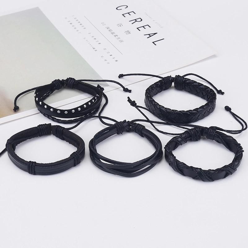Leather Cuff Bracelet for Men and Women Punk Rock Braided Bracelet Via Brown Black Wristband Handmade Jewelry 4 Pieces